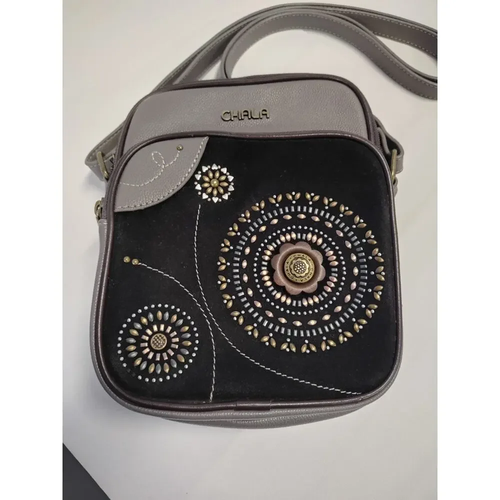 Chala Starburst Dazzled Organizer Crossbody Bag Boho Style Gray Taupe Brown